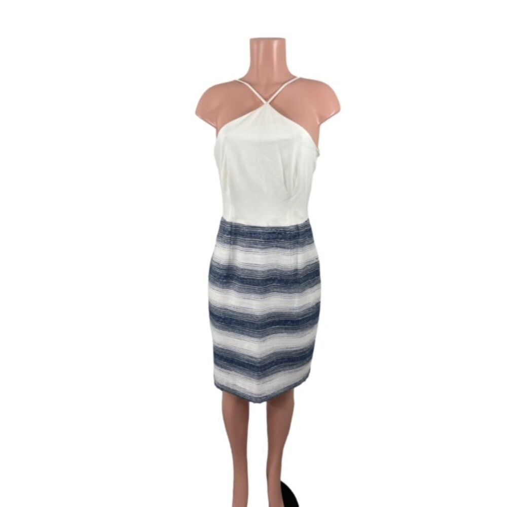 Hutch Anthropologie White Navy Striped Sleeveless Halter Sheath Tweed Dress Sz 8